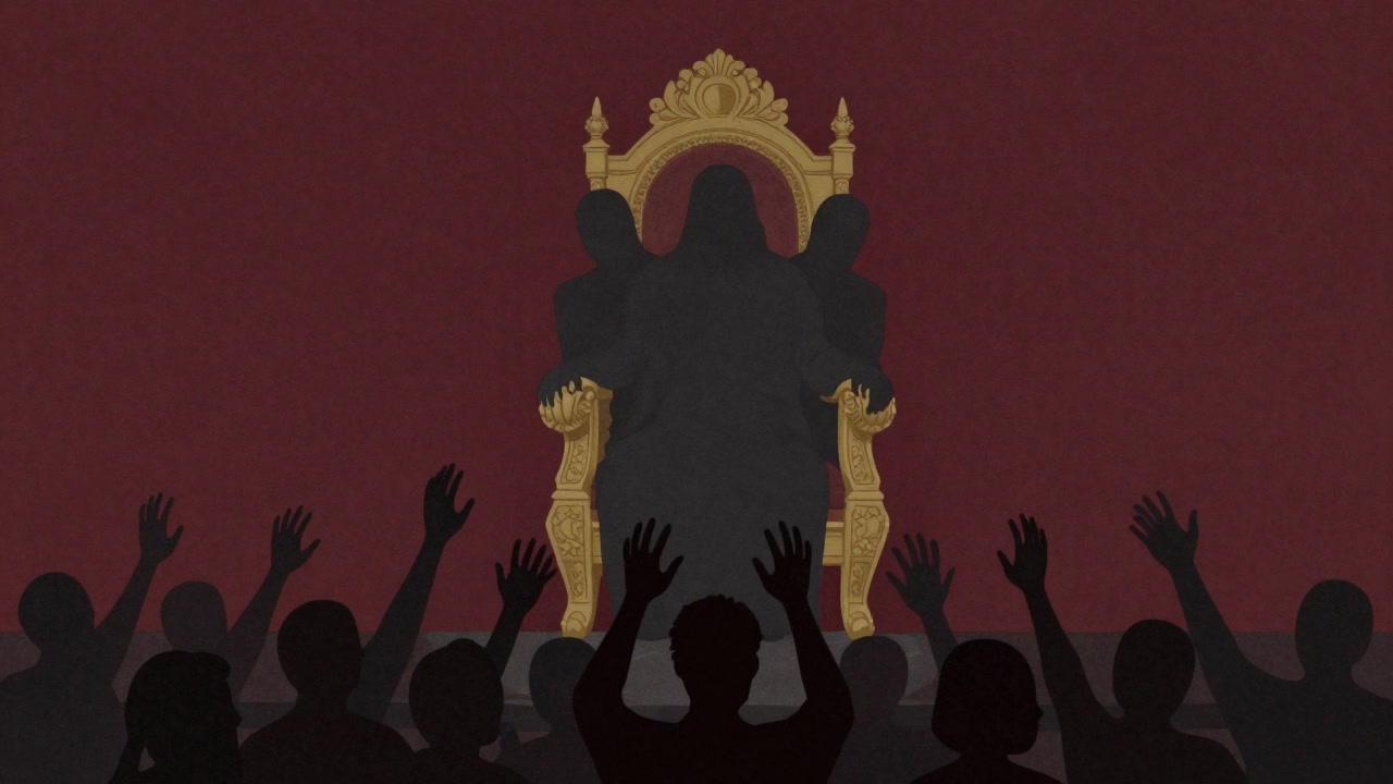 Mural-style illustration of a few shadowy figures seated on a golden throne while a crowd reaches up below.