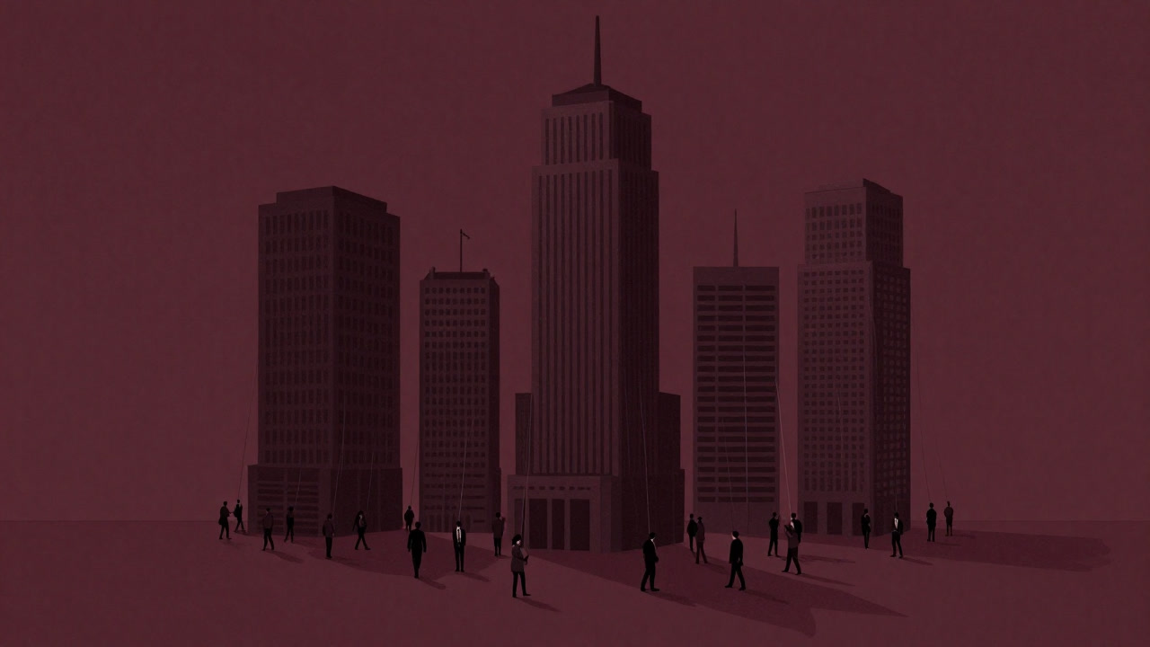 複数の巨大企業の影が市場を覆い、見えない糸で消費者を操る人形たちのシルエット