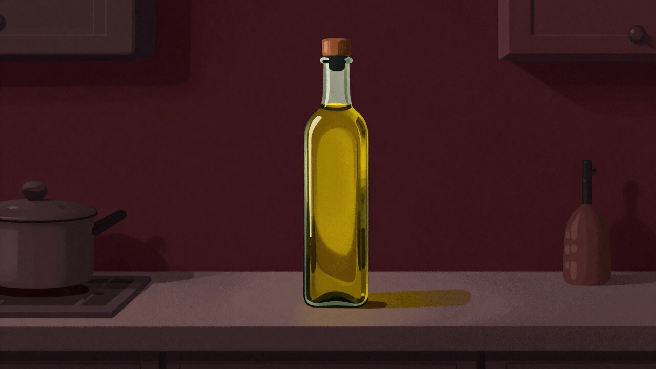 An olive oil bottle standing proudly on a kitchen counter, its oil surface gleaming brightly
