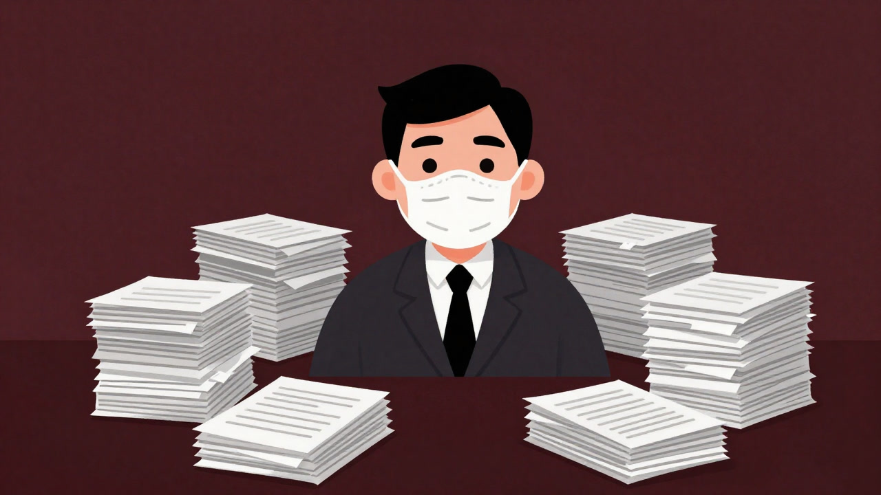 Illustration of an ombudsman smiling in front of countless complaint requests