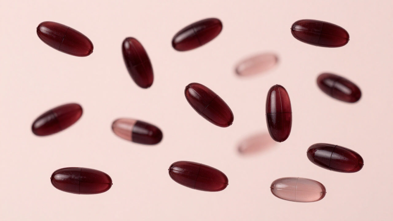 オメガ3の錠剤が無数に浮かぶ抽象的な背景。