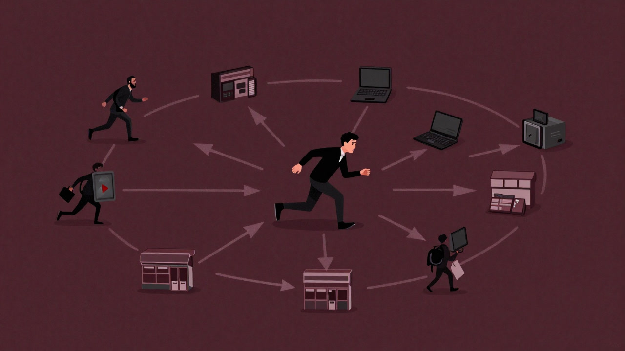 複数のデバイスと店舗が網の目のようにつながり、果てしなく延びる矢印に追われる消費者のイラスト