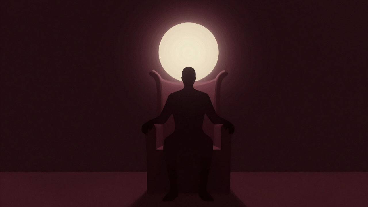 Silhouette of a person standing confidently against a backdrop of a glowing orb reminiscent of a throne in darkness.