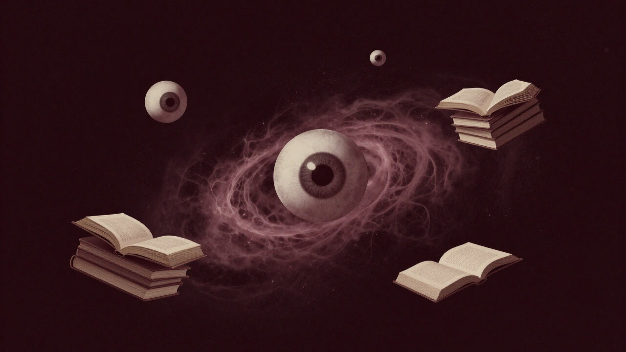 Surreal illustration of countless books and eyeballs floating against a cosmic background.