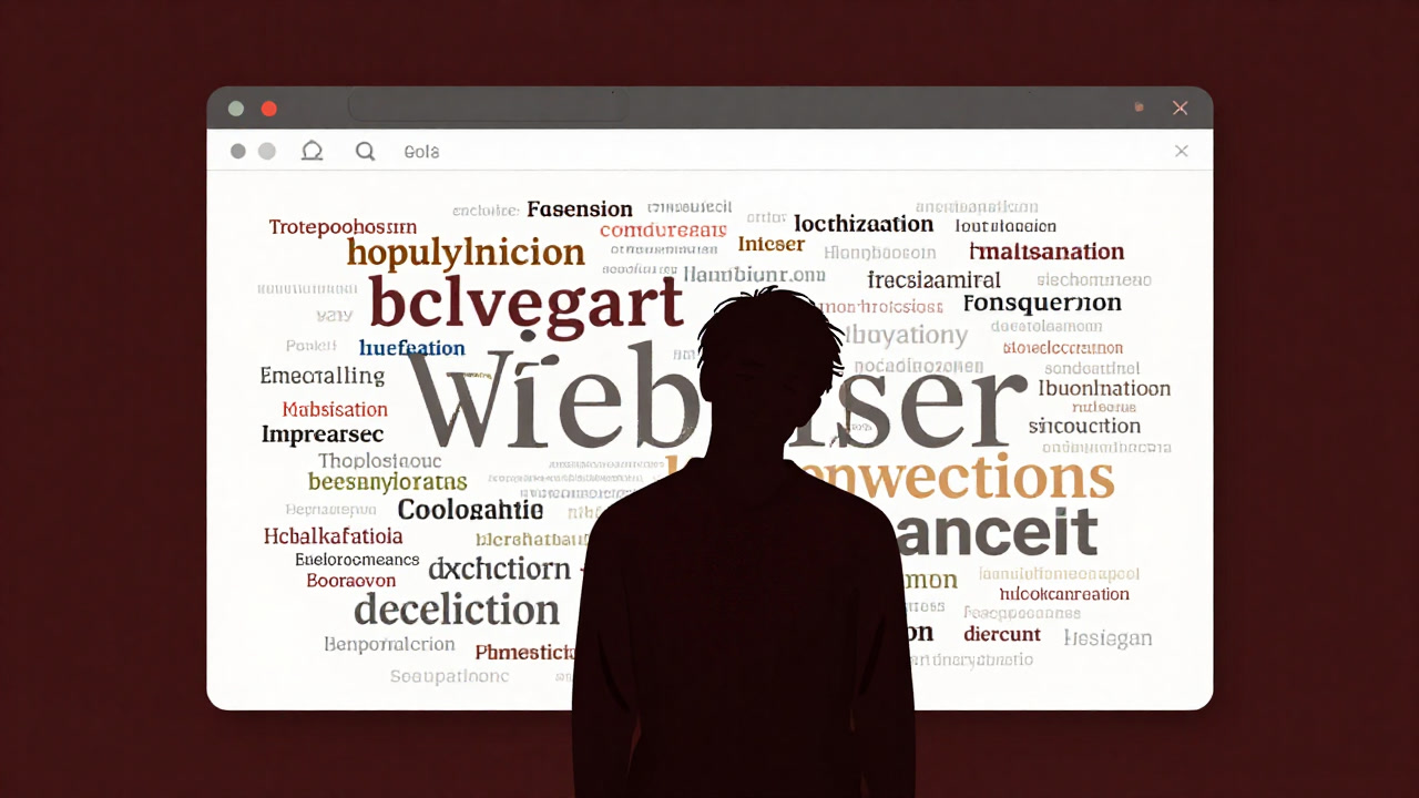 Silhouette of a webmaster standing bewildered before a page overloaded with meaningless keywords