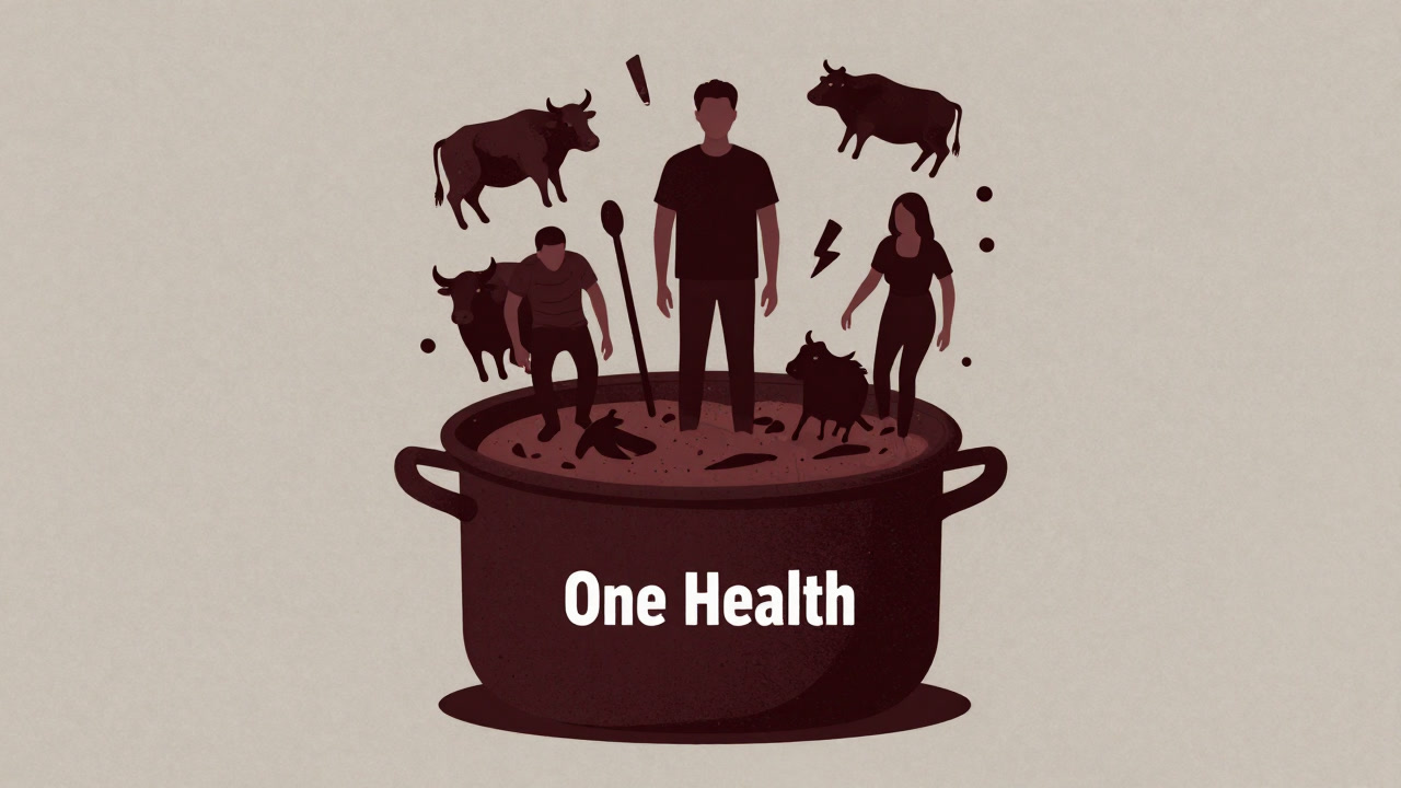 巨大な鍋の中で人間、動物、汚染された環境がぐつぐつ煮込まれている、ブラックユーモア溢れるイラスト