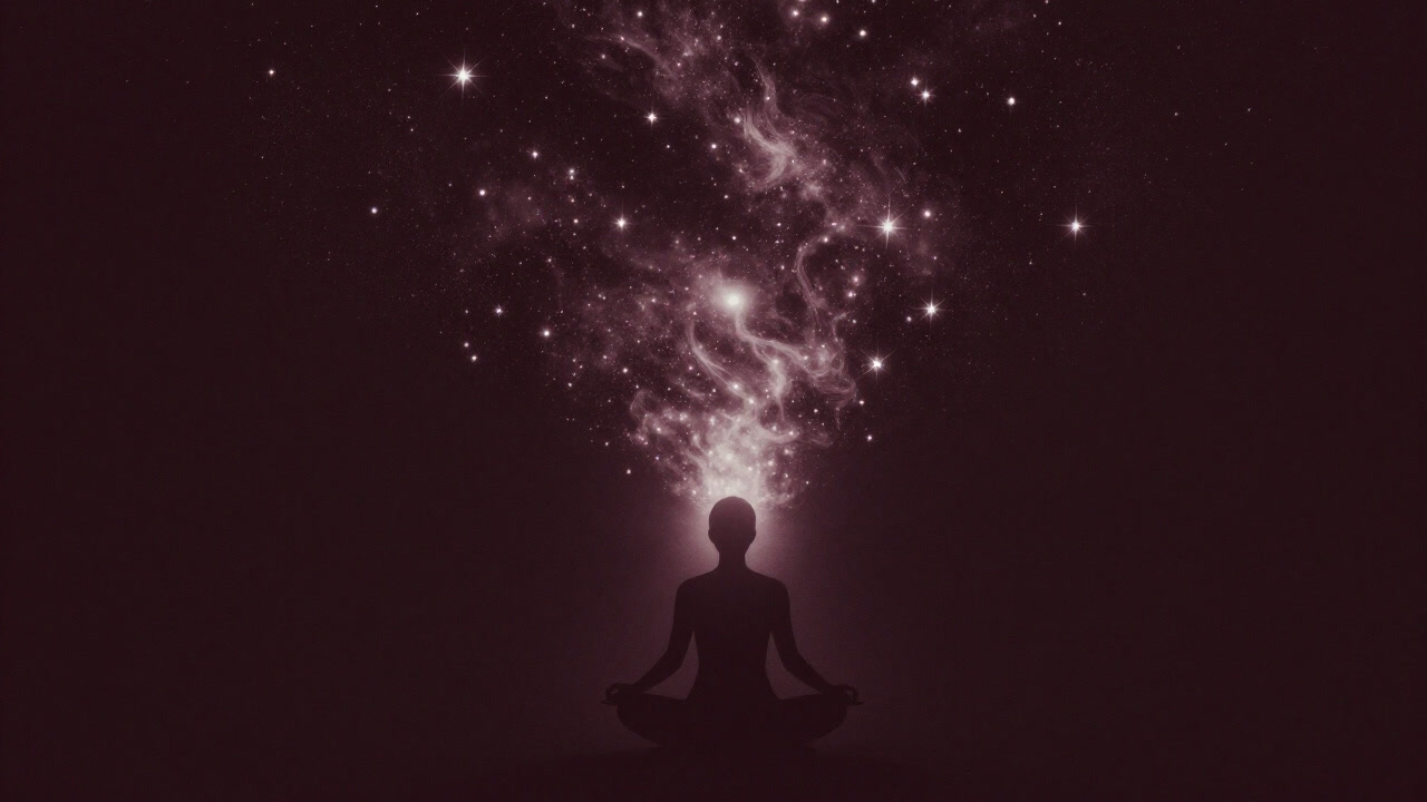 Silhouette of a person meditating as they merge with the cosmos in a luminous background