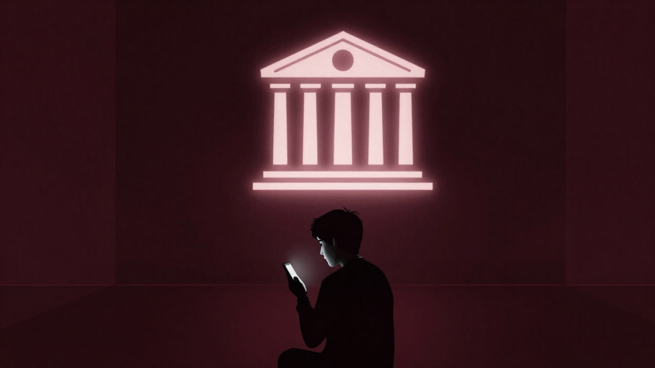 Silhouette of a person frightened by their smartphone screen in a dim room, with a looming bank icon in the background.