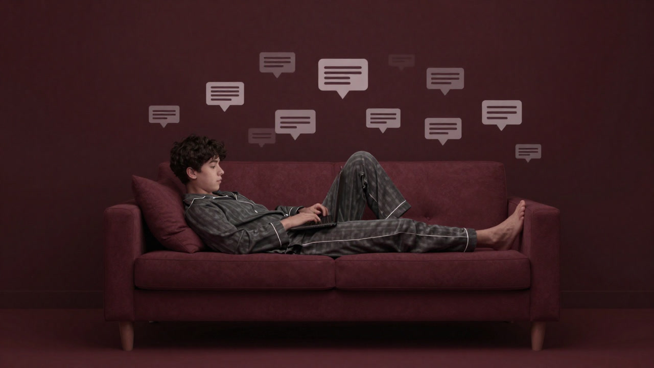 深夜の部屋でパジャマ姿の受講者がノートパソコンに向き合い、通知が舞い散る様子