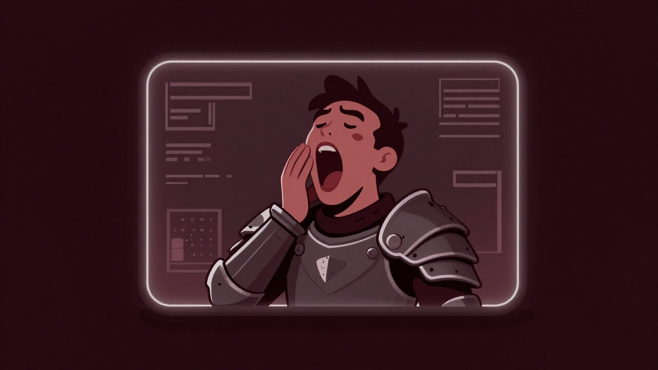 仮想世界の戦士装束を着たプレイヤーが、画面の向こうで眠気に襲われる様子のイラスト