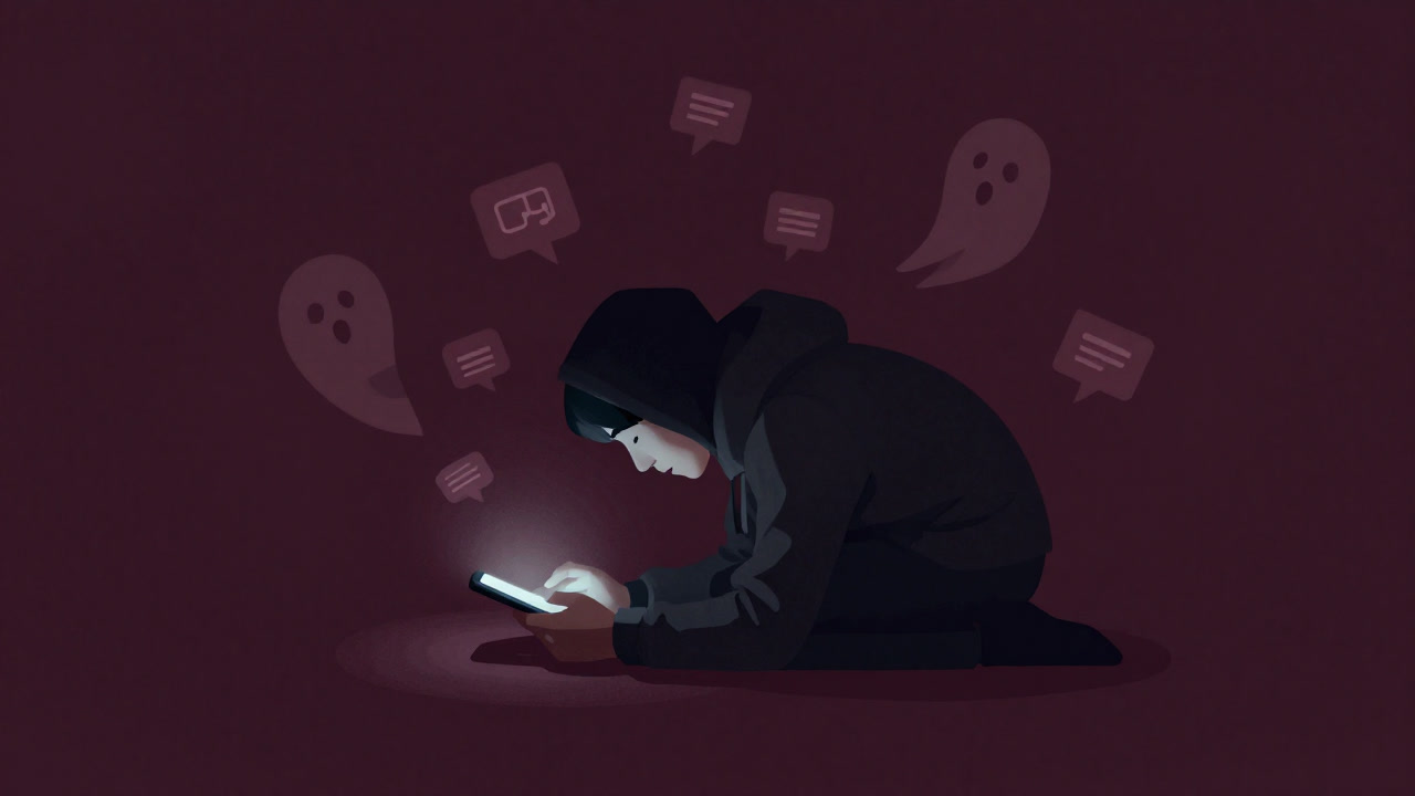 Silhouette of a person staring at a smartphone screen with darkness looming behind