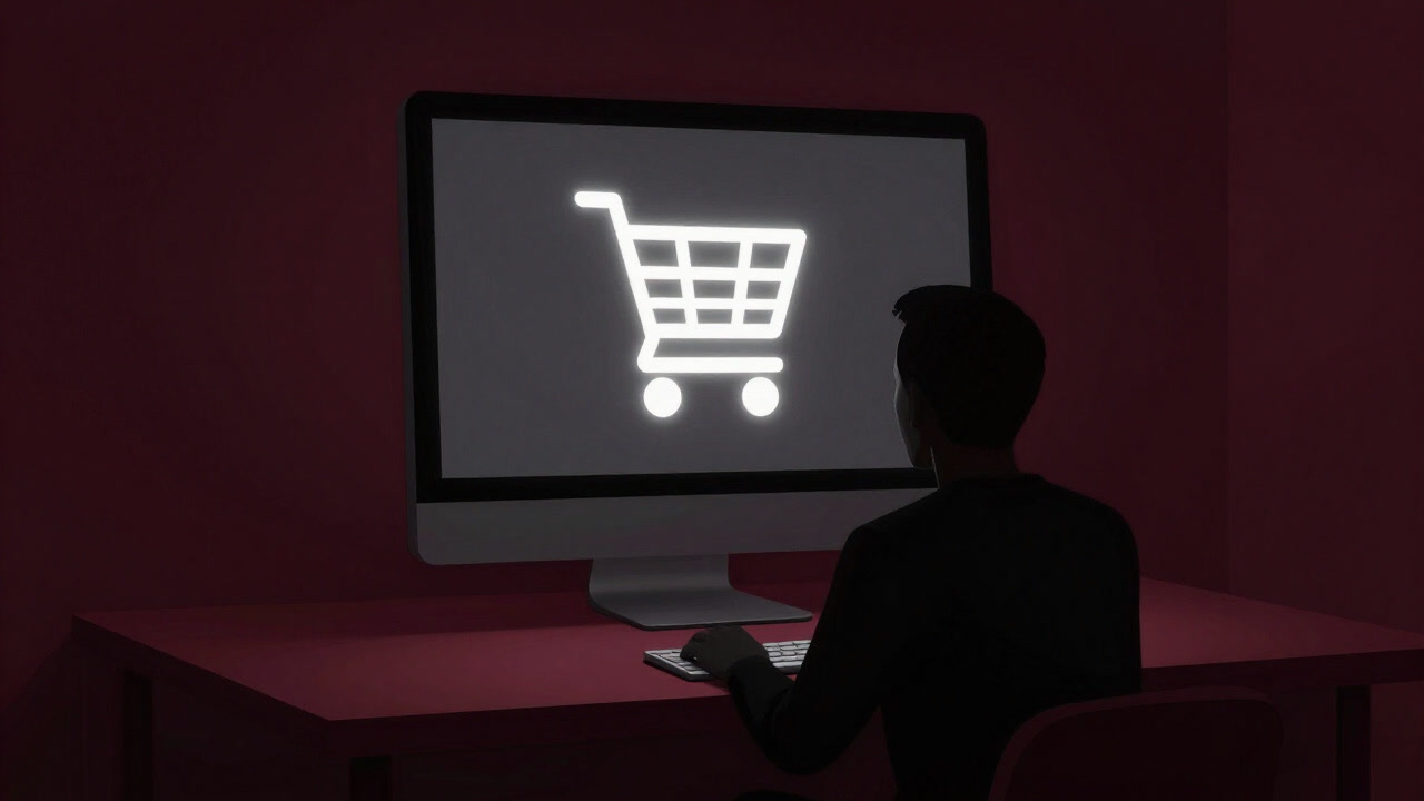 夜中に点滅するPC画面の前でカートアイコンを見つめる人影