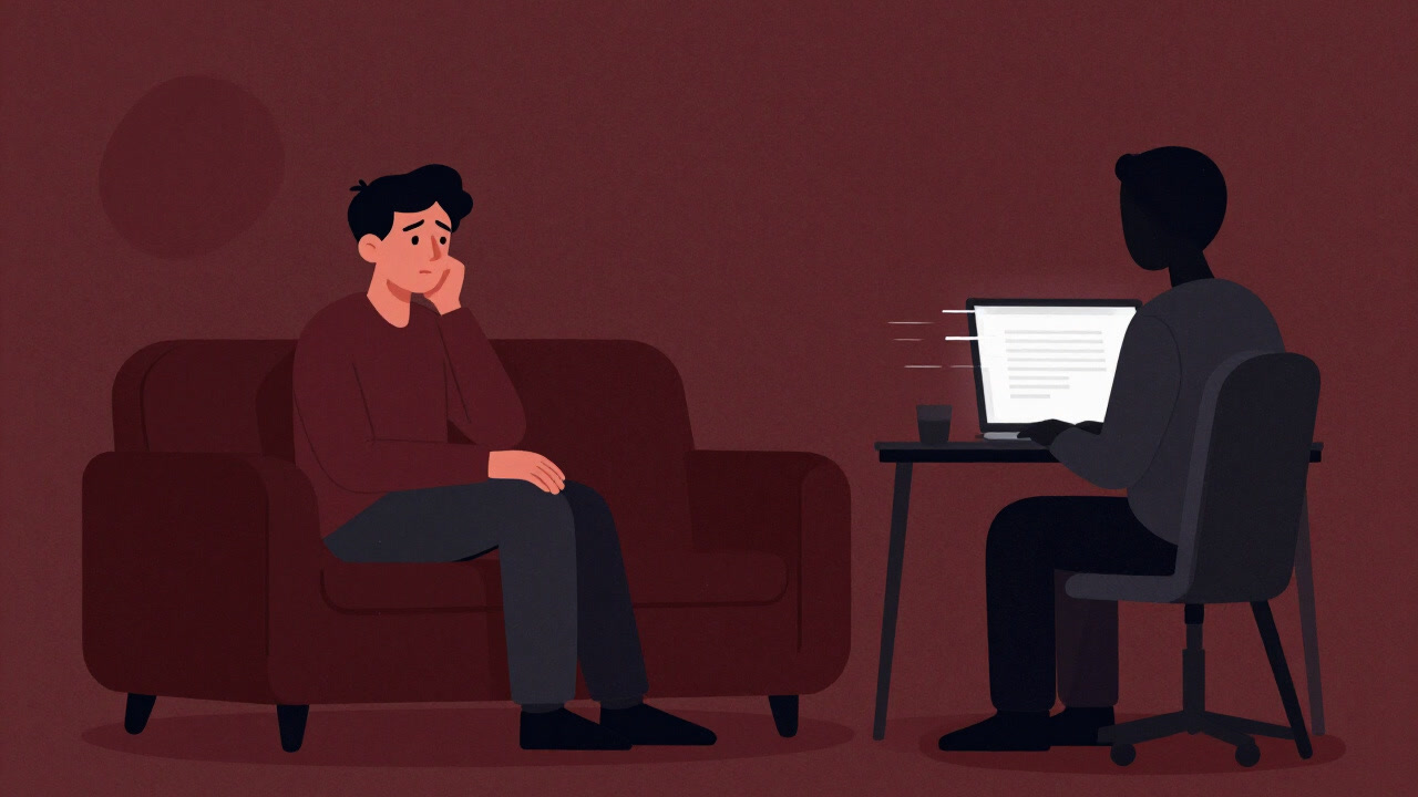 ノートパソコンの画面越しに無表情で話すセラピストと不安げなクライアントのイラスト