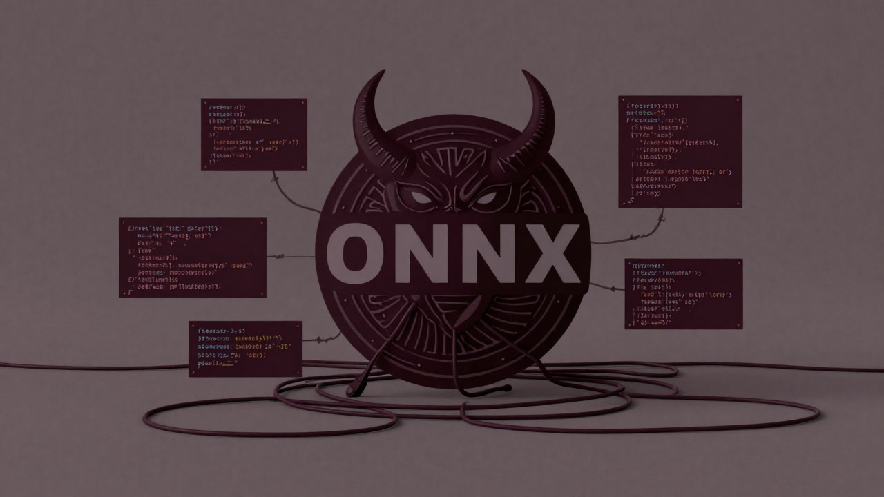Illustration of ONNX icon surrounded by chaotic code and model files.