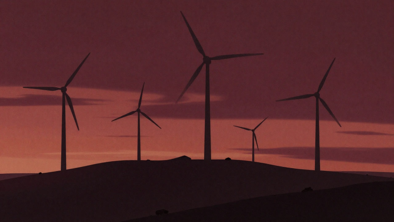 広大な丘陵に並ぶ風車群が、夕日に照らされながらも無言で立ち尽くす風景の画像