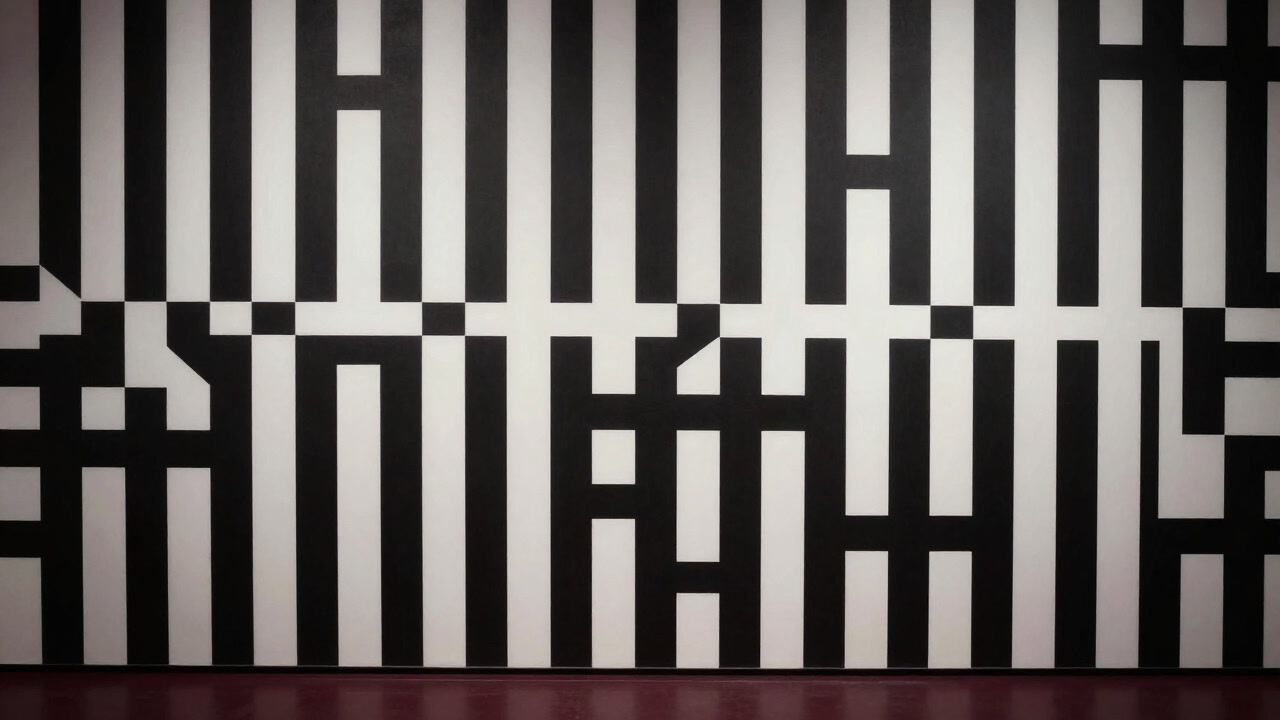 Gallery wall covered from floor to ceiling in black and white geometric patterns