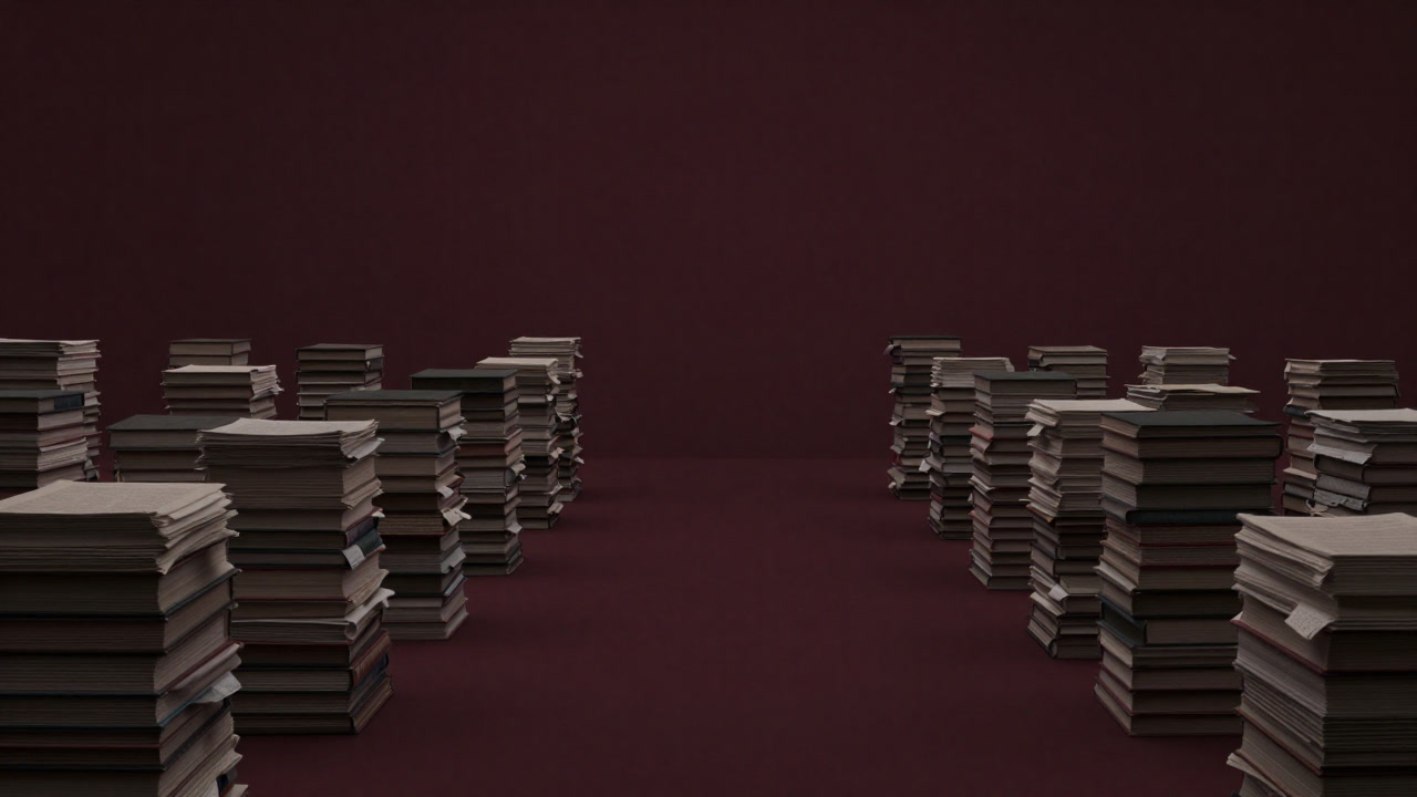 A deserted library with stacks of academic papers contrasting emptiness