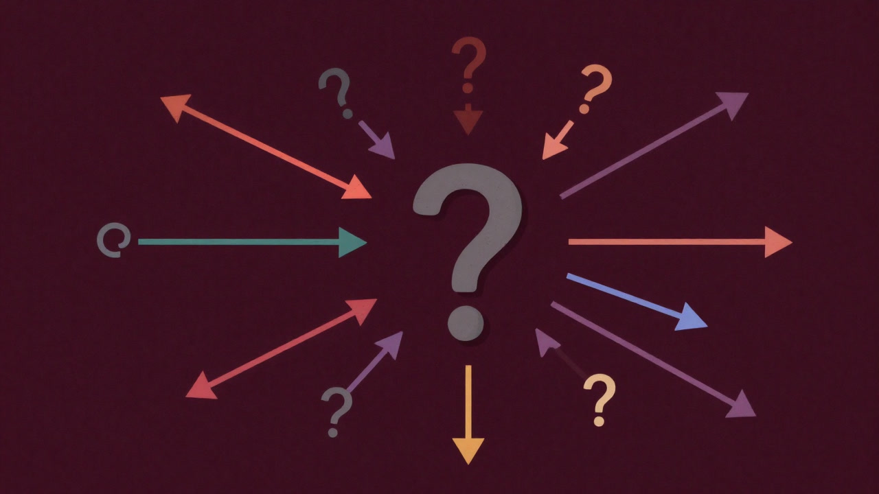 Illustration of arrows spreading randomly into countless paths representing directionless questions