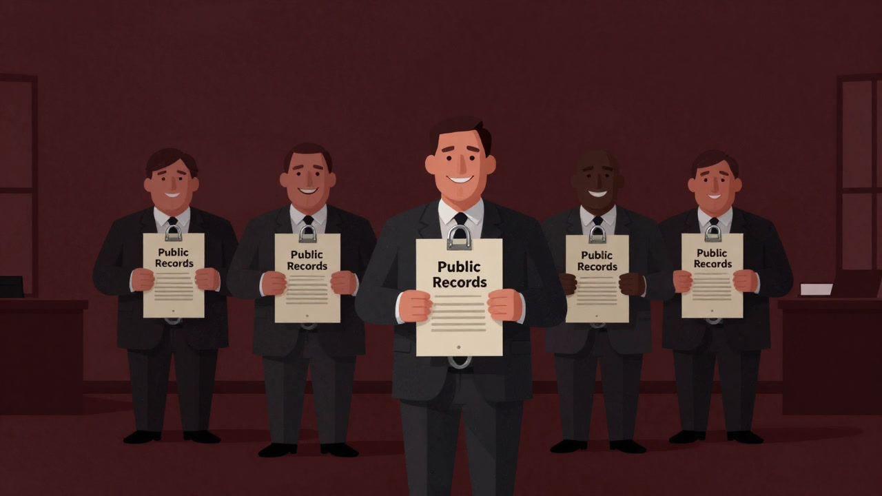 公文書に施錠された南京錠を無言で掲げる役人たちのイラスト