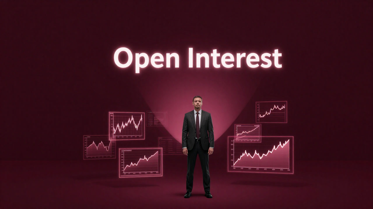 A giant number representing open interest looming behind a trembling trader in front of a trading chart