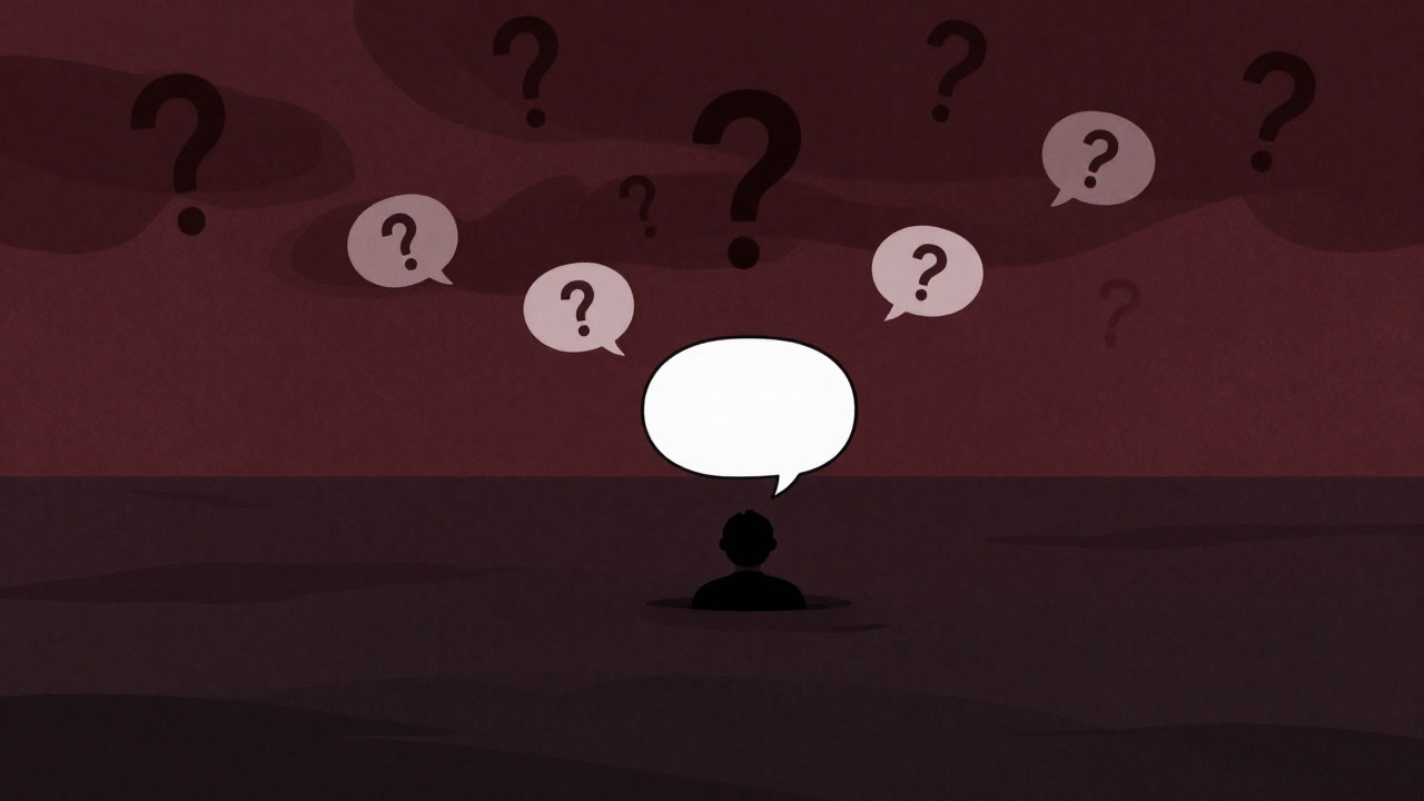 An image of a person tossed into a sea of dialogue with question marks raining down.