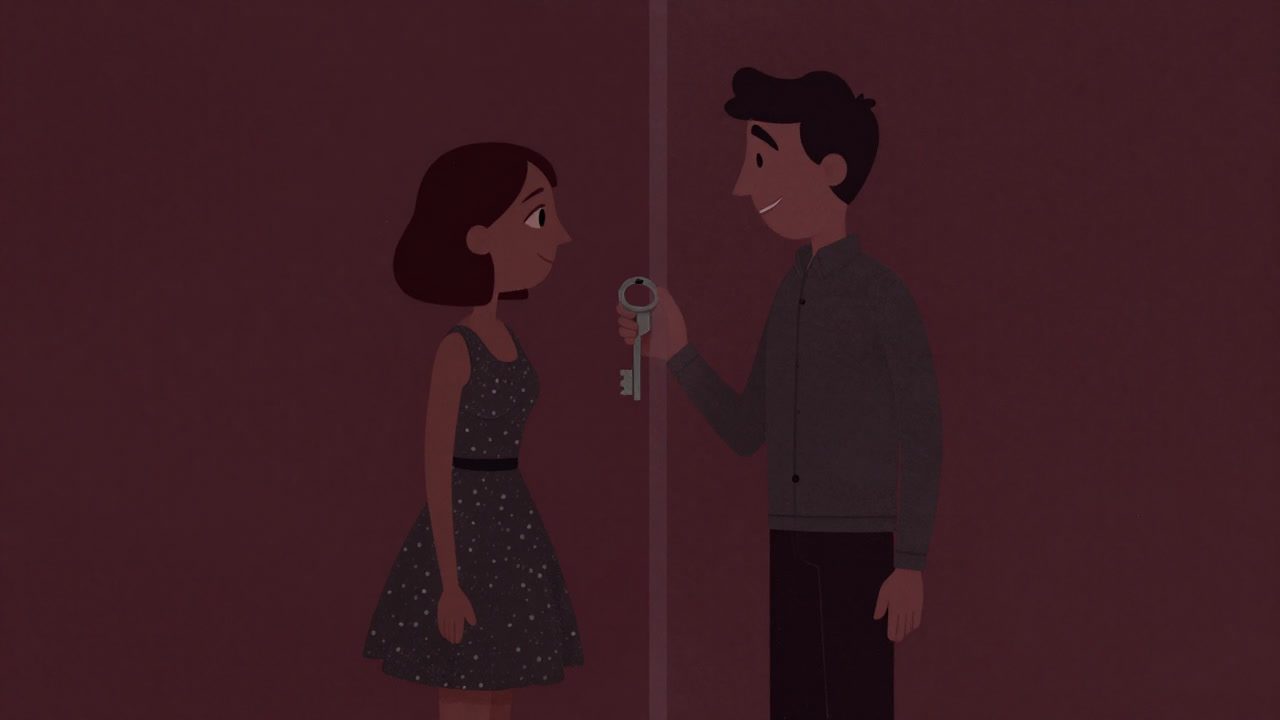 Illustration of two lovers separated by a transparent wall, one holding a key with a sly smile