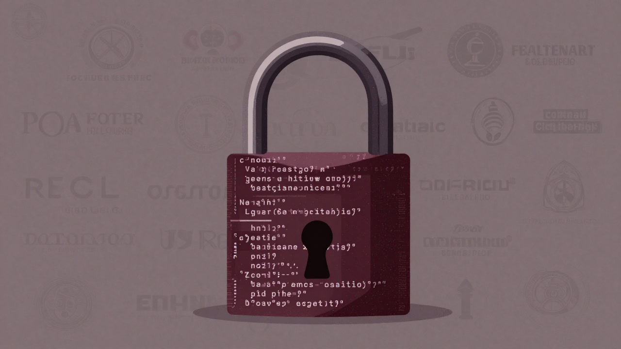 Satirical illustration of an open padlock made of code snippets symbolizing open source, with corporate logos faintly visible in the background.