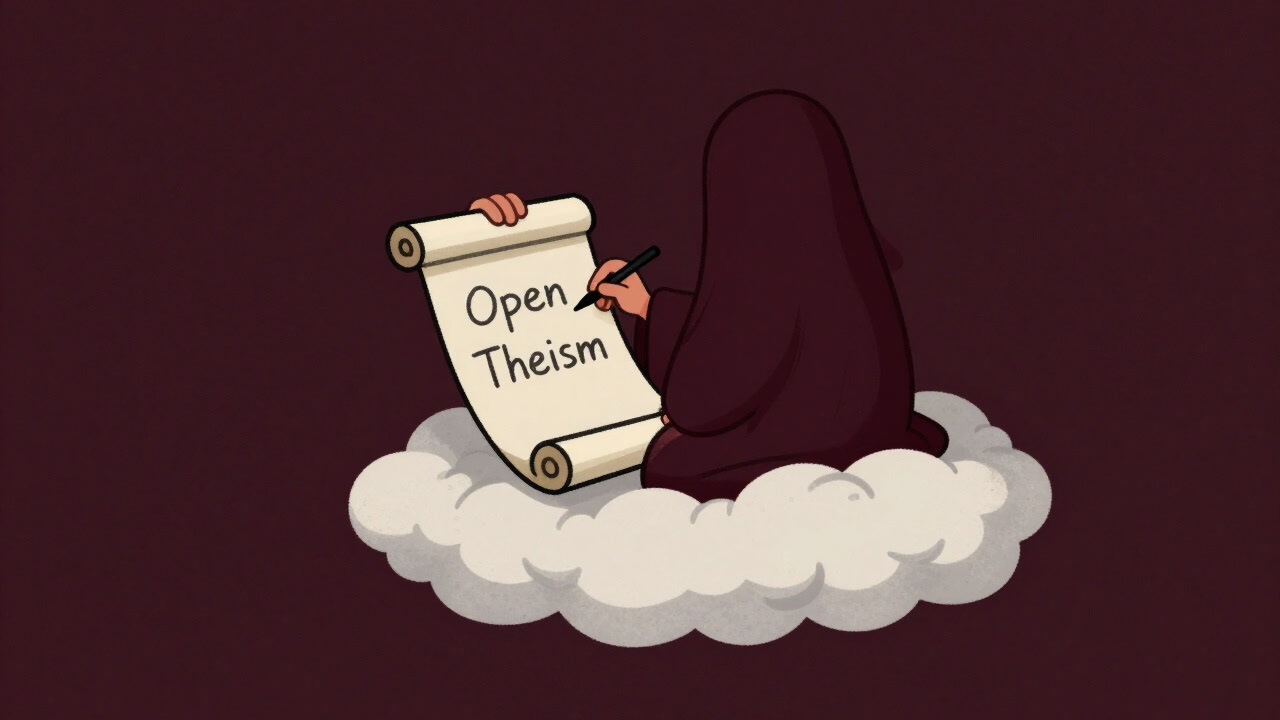 Illustration of God holding a sketchbook among clouds, scribbling on a blank future