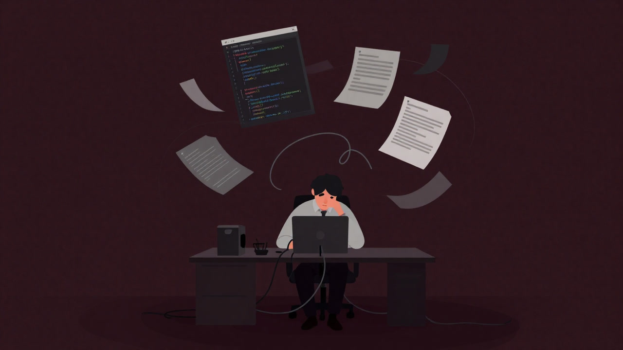 Illustration of a dark office where code and documentation entangle, evoking an engineer in agony