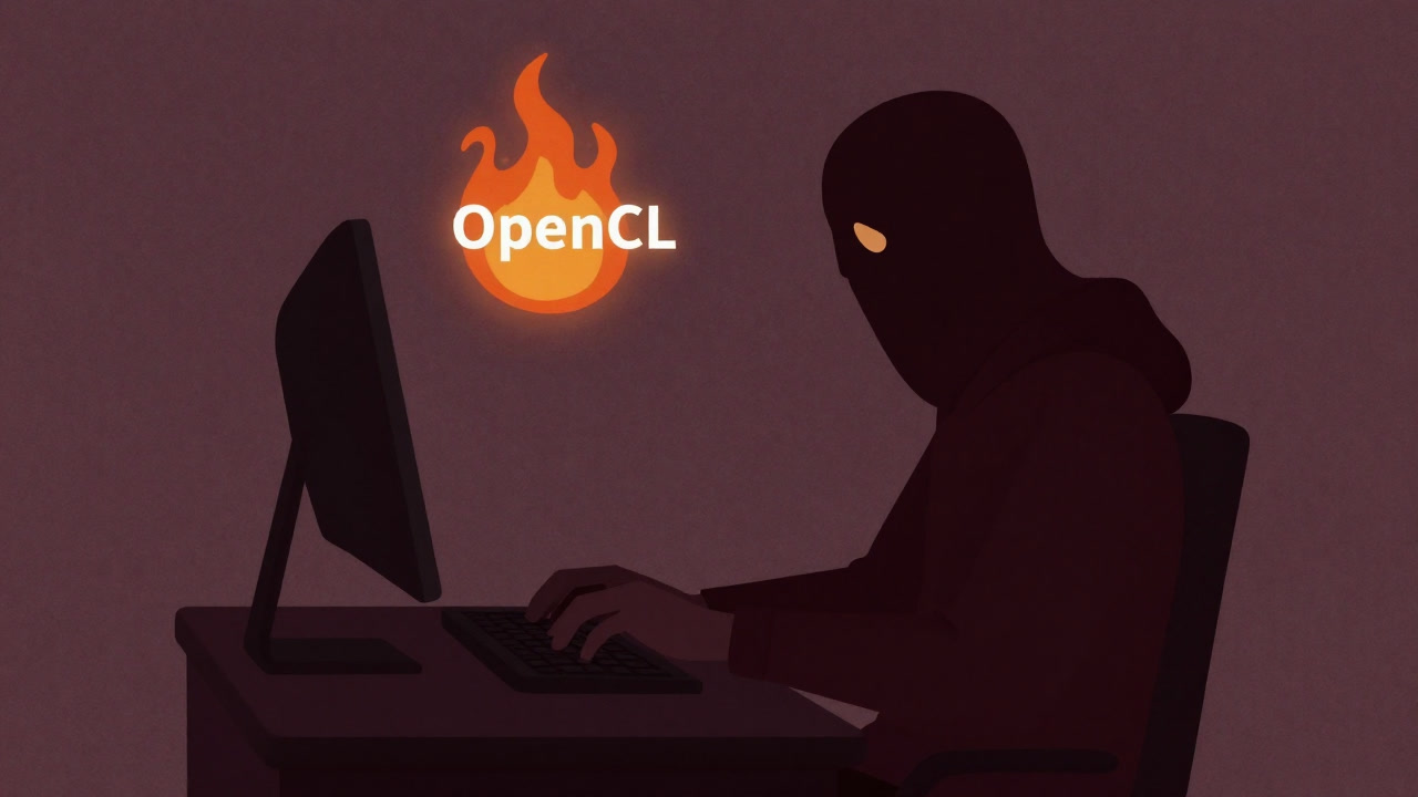 Silhouette of a programmer clinging to a keyboard with OpenCL flame burning overhead, torn between GPU and CPU.