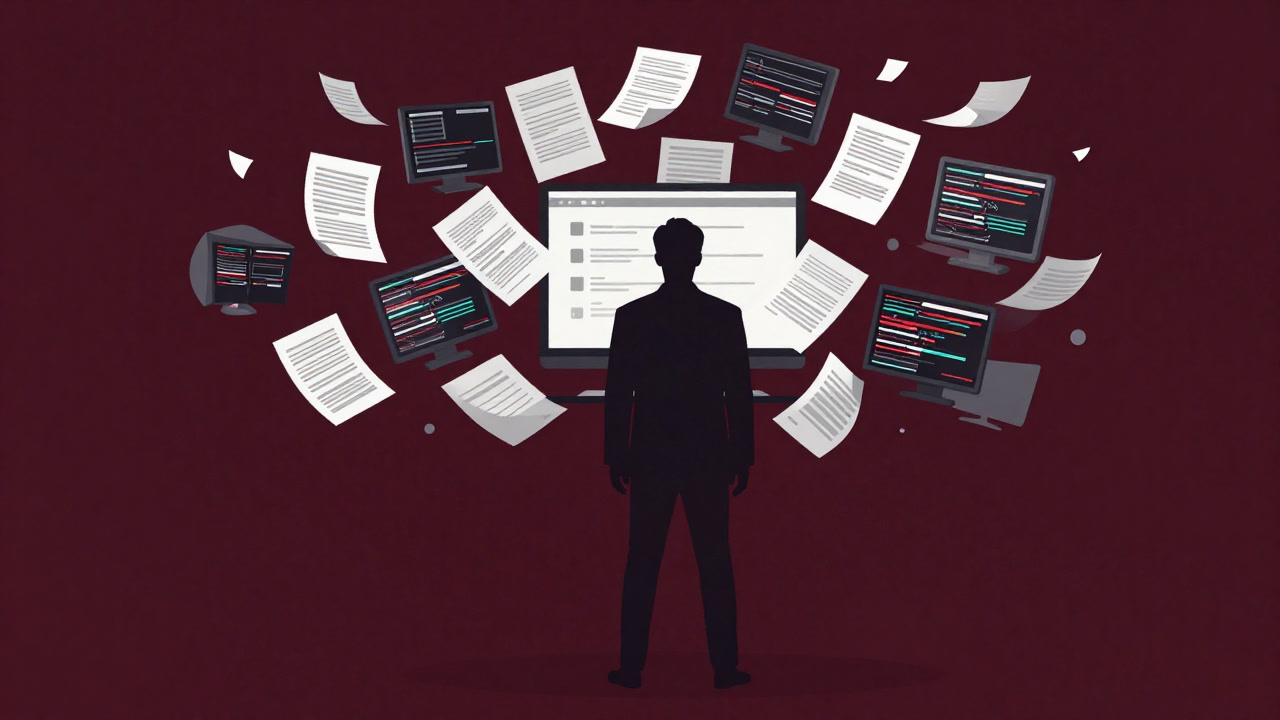 Silhouette of a businessperson overwhelmed by chaotic documents and computers