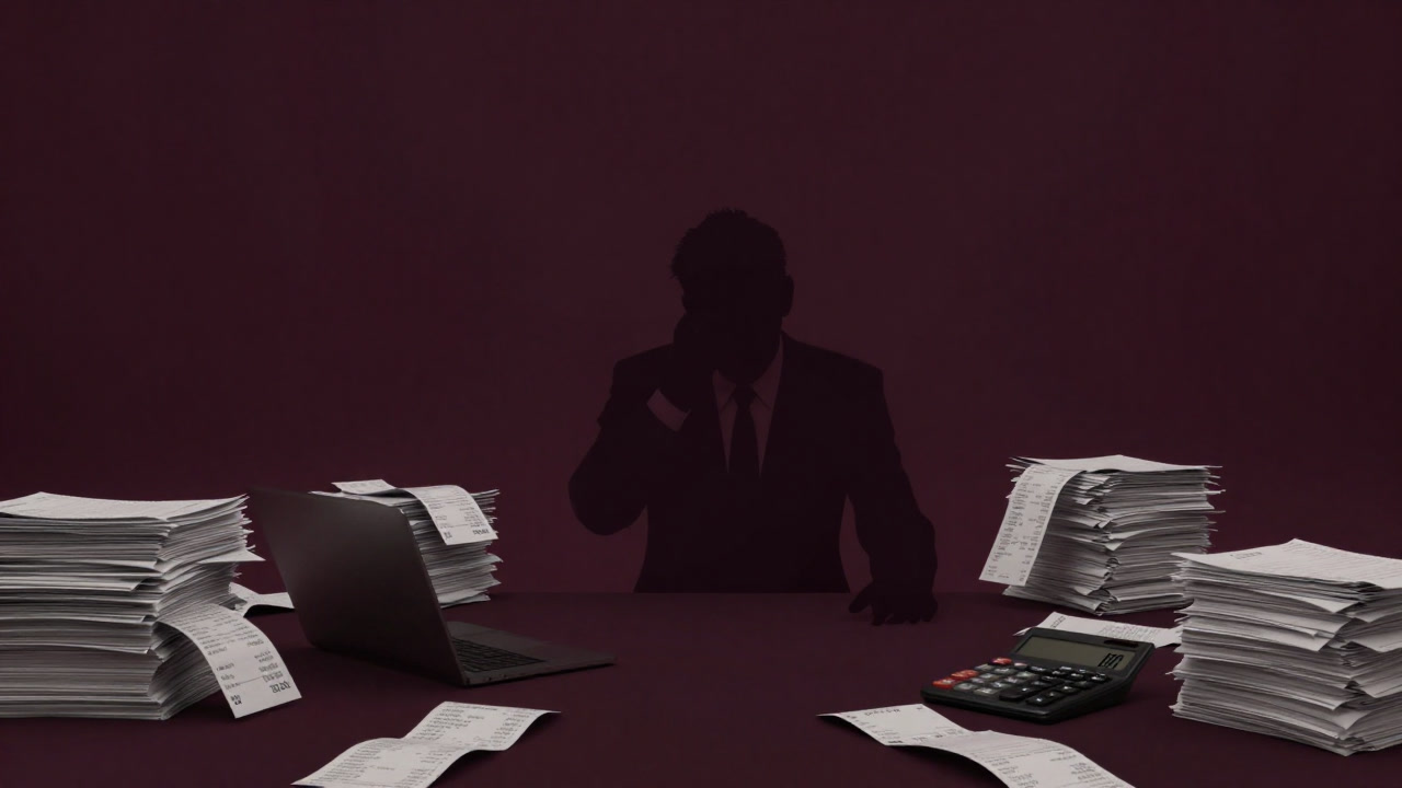 経費精算用の領収書と電卓に囲まれ、茫然自失となったビジネスマンのシルエット