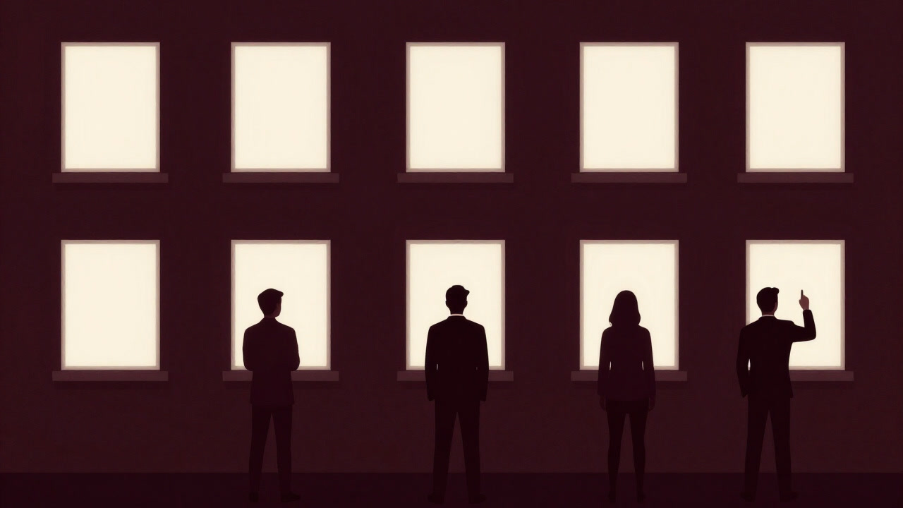 複数の窓が開いた暗い壁を背景に、そこに映る光を探すビジネスマンの影