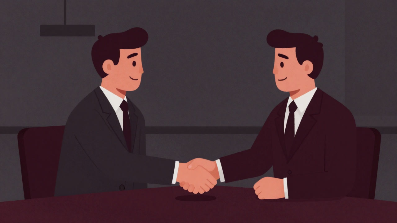 ネクタイを締めた人物がテーブル越しに疑心暗鬼で握手する場面のイラスト