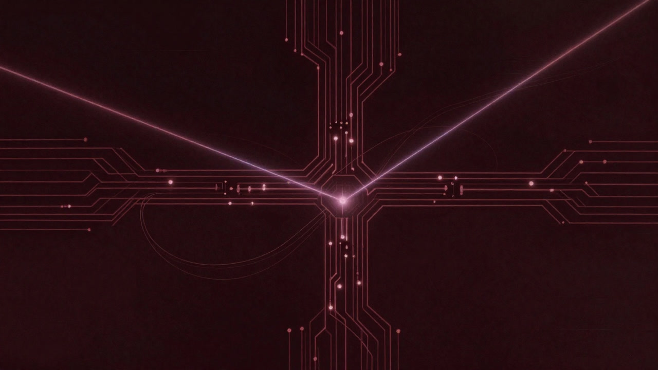 An intricate device of optical circuits and lasers glowing in the darkness.