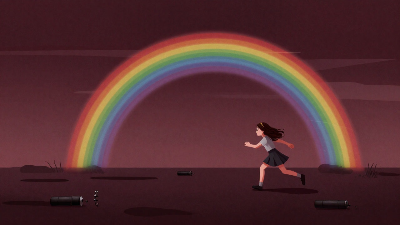 An illustration of a silhouette of a girl chasing a rainbow under a twilight sky, overlaid with the shadow of a mine on the ground.