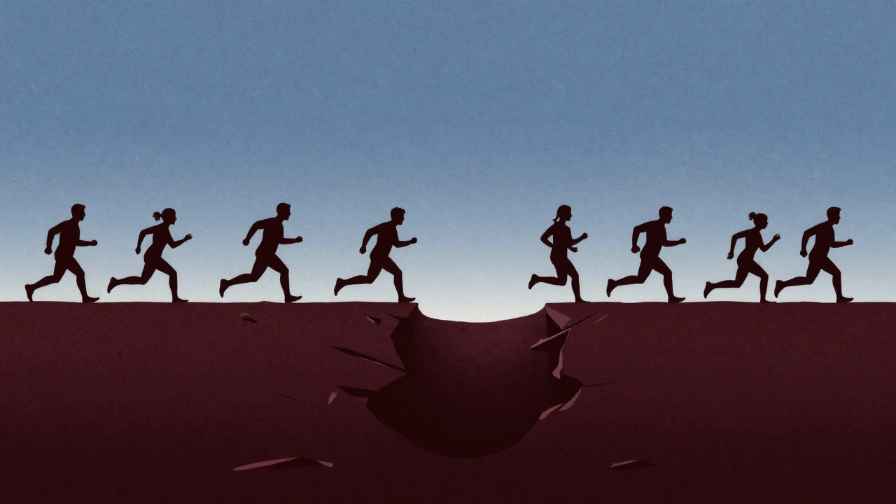 青空を背に笑顔で未来に駆け出す人々のシルエットが、まるで落とし穴の存在を忘れているような様子