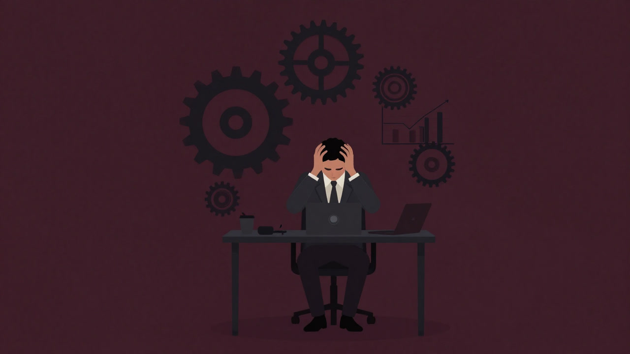 An illustration of a businessman clutching his head at a desk buried under documents and gears