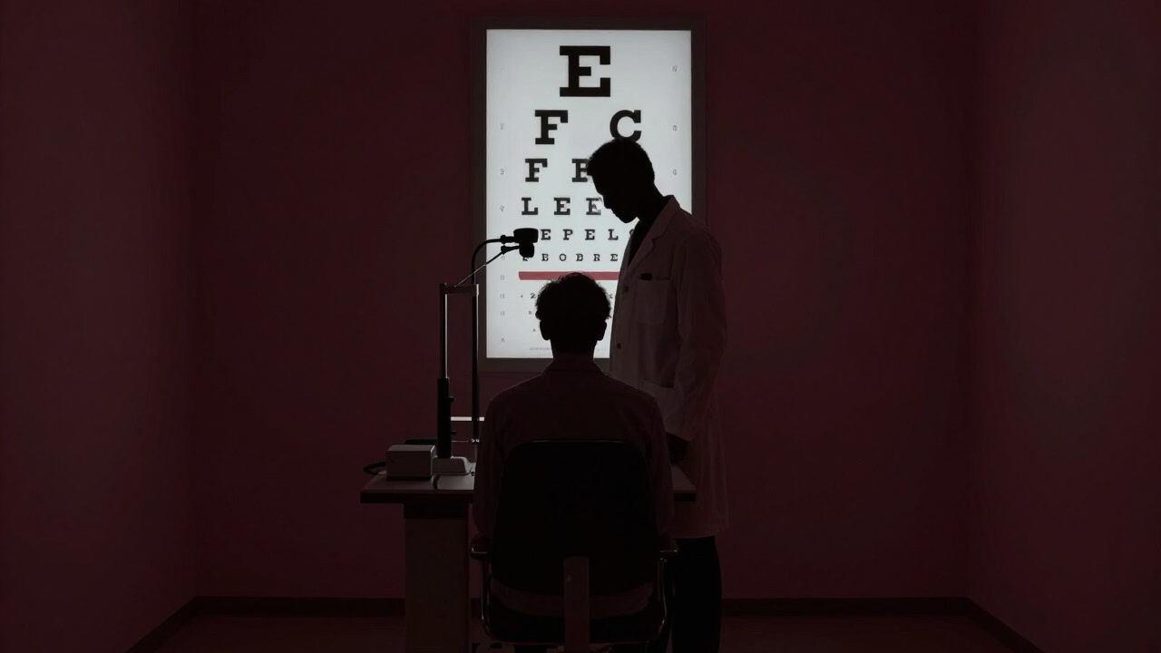 Silhouette of an optometrist standing in a dim exam room behind a vision chart, overlooking the patient as a looming shadow.