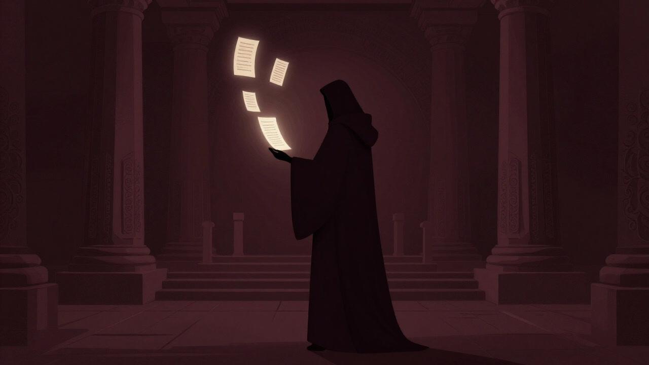 薄暗い神殿の奥で、ローブ姿の託宣者が蜃気楼のように浮かぶ神託の文字を読み上げる様子
