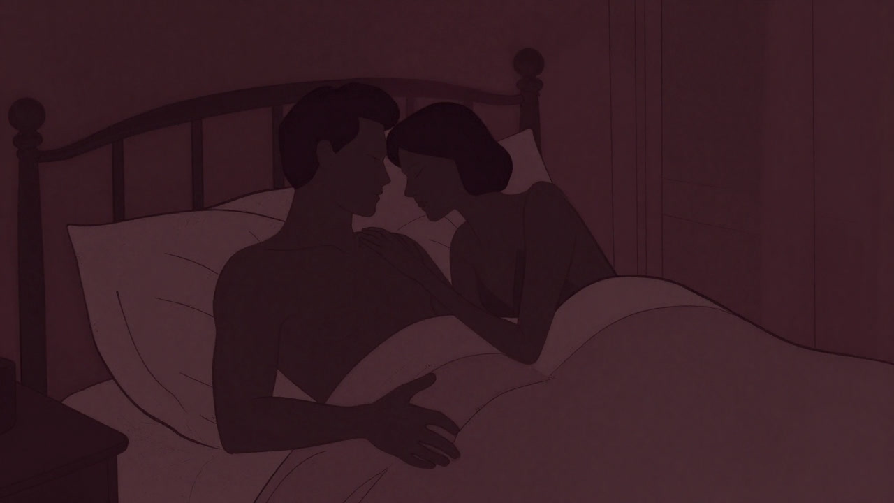 ベッドルームの暗がりで、布団に横たわる二人のシルエットが唇を寄せようとする瞬間のイラスト