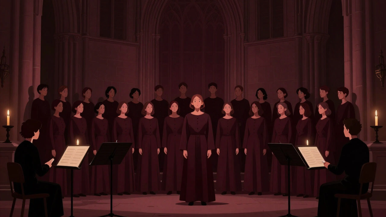 キャンドルに照らされ、荘厳に佇む合唱団とオーケストラのシルエット