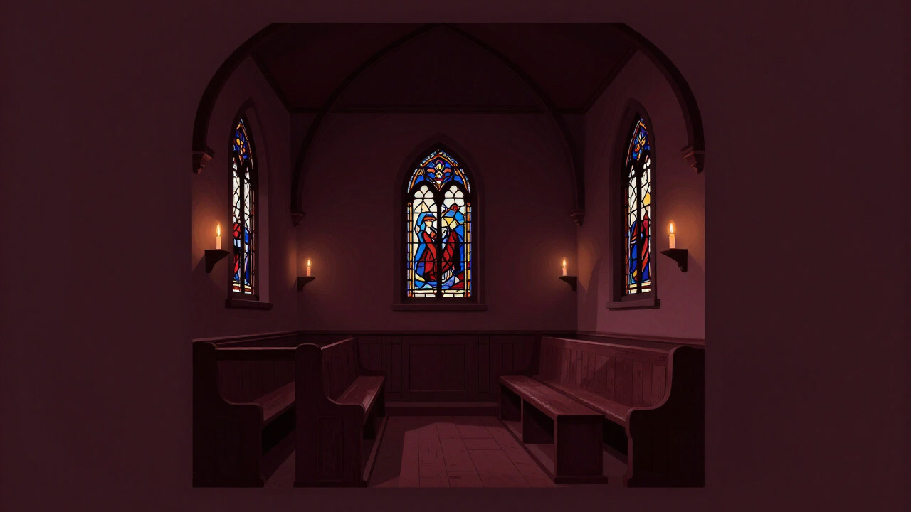 Interior of a small chapel with flickering candlelight, wooden pews, and stained glass creating an ambiance of stillness.