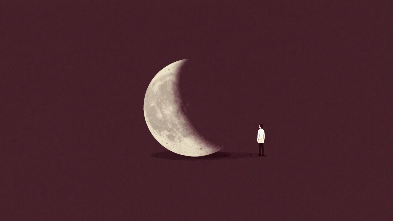 パステル背景に遠ざかりつつもこちらを回る小さな月のイラスト