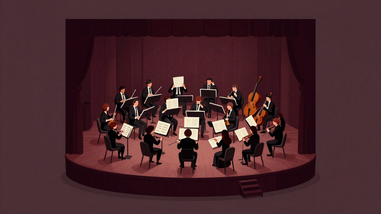 舞台下の暗闇にぎゅうぎゅう詰めになり、楽器と楽譜に囲まれたピットの俯瞰図イラスト