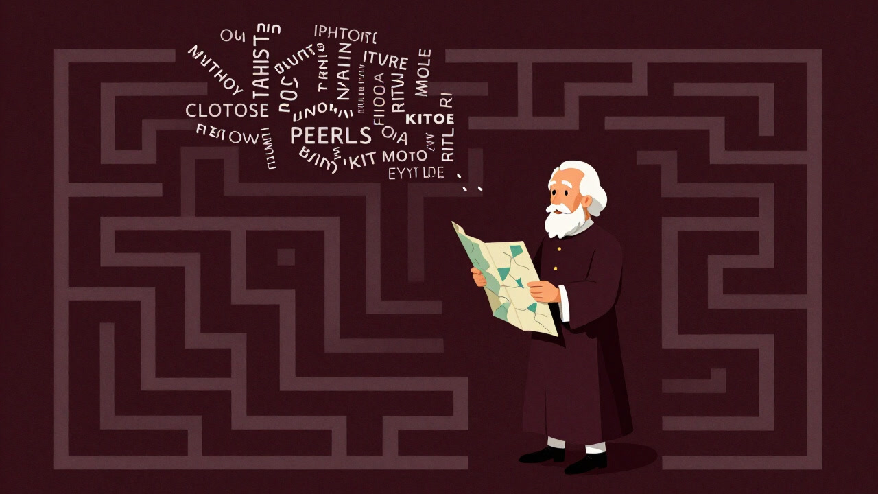 Illustration of a philosopher lost in a maze of swirling words, holding a map.