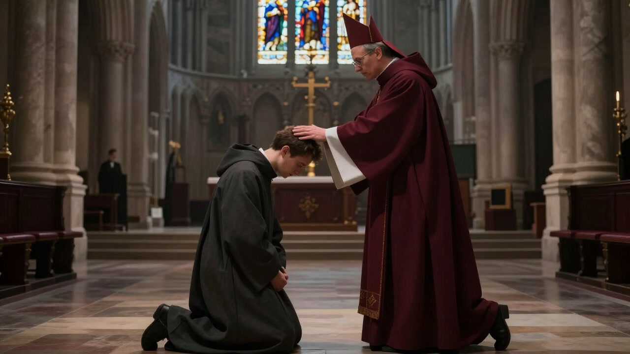厳かな式典でローブをまとい、手をかざされる新たな聖職者のシルエット