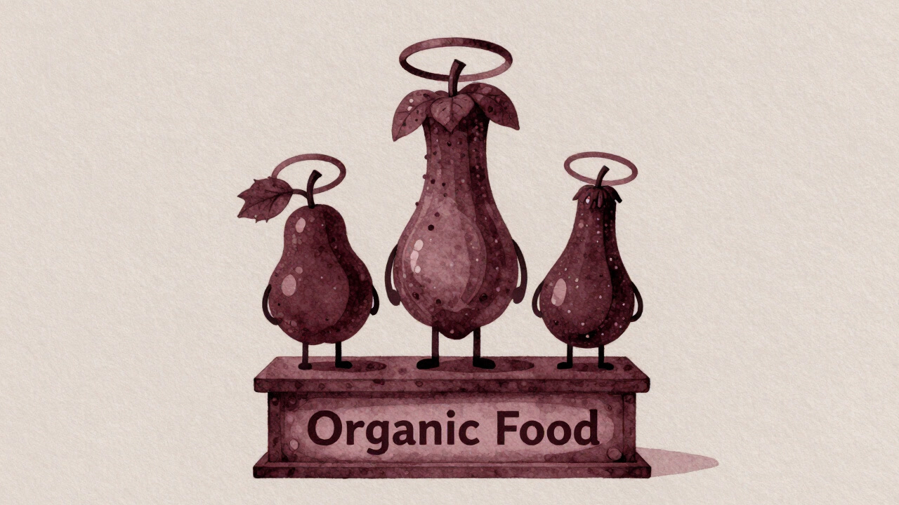 A shelf of organic foods glowing like sacred relics, with consumers gazing in awe.