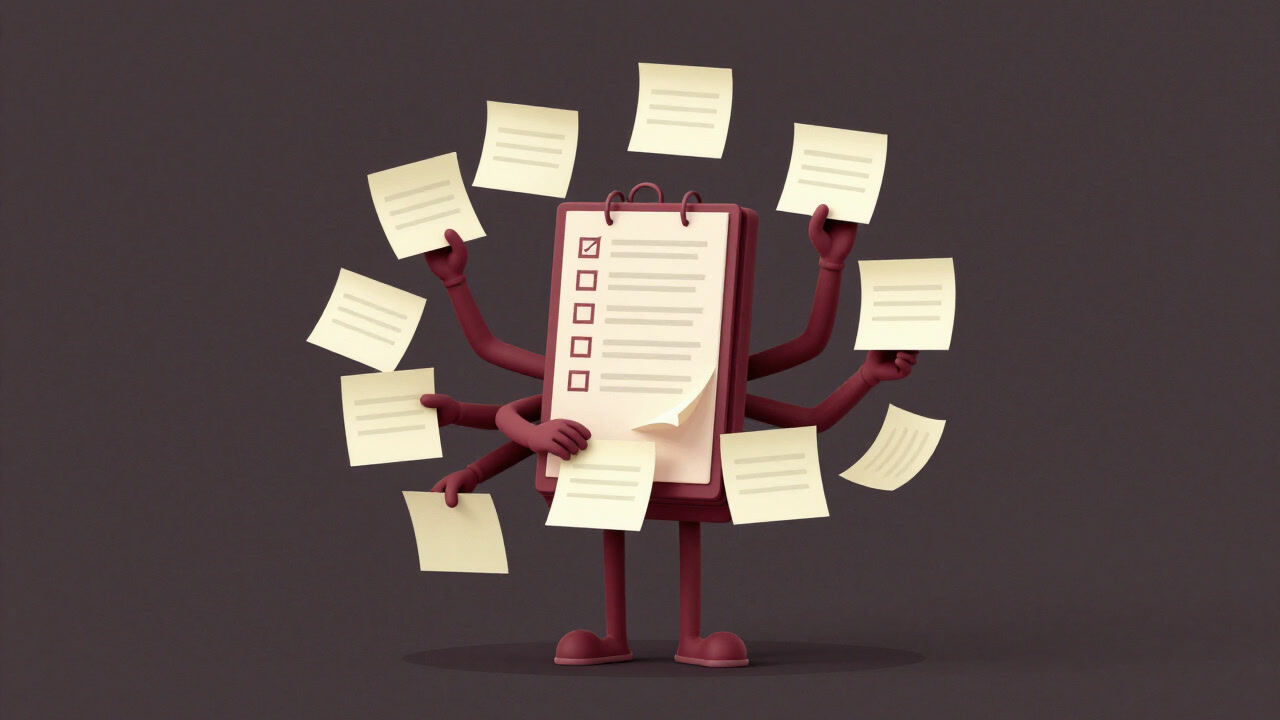 大量の付箋とリストに埋もれ、自らも分裂したかのように多数の腕を広げるオーガナイザーのイラスト