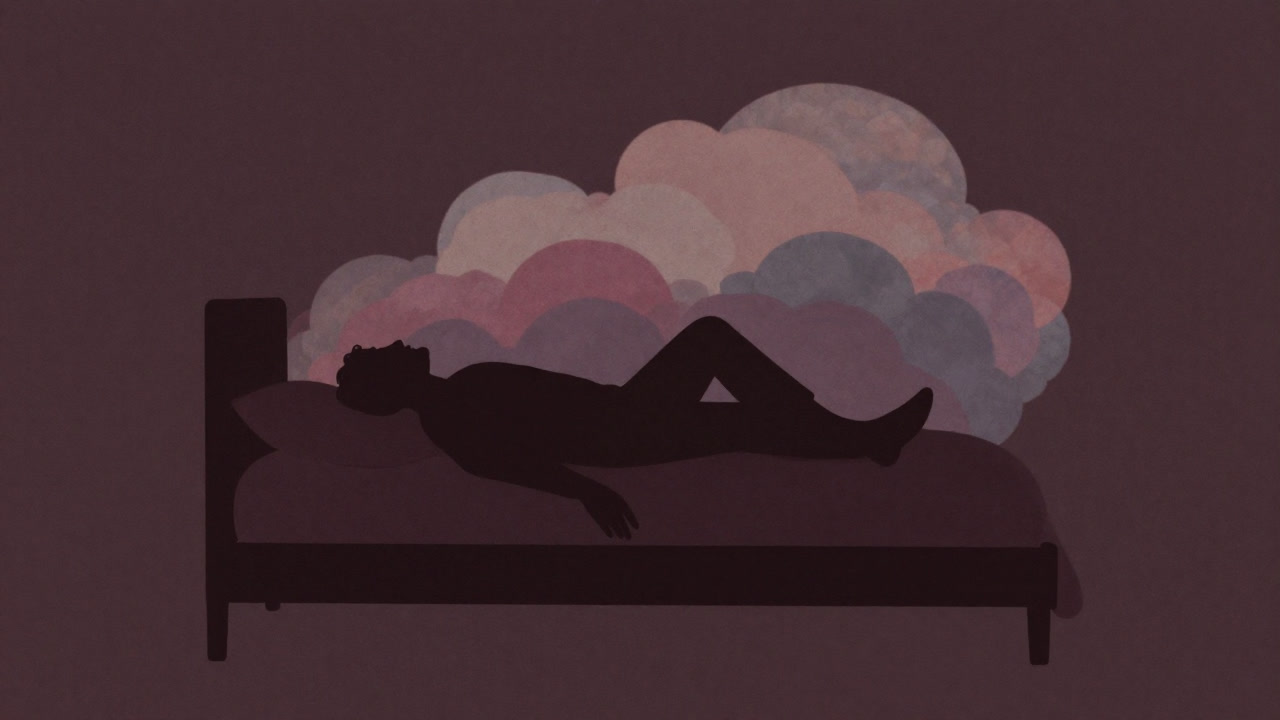 ベッドの上で倒れこみ、満足そうに目を閉じる人物のシルエット